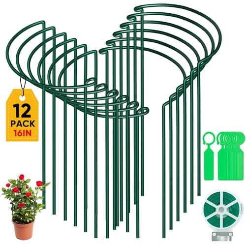 12 Pack Plant Support Stakes, Metal Peonies Cages and Supports, Peony Cage, Plant Support Ring, Garden Plant Support for Ourdoor Plants, Rose, Peony,Tomato, Hydrangea Vine Plant 10" W x 16" H - size: 10" Wide x 16" High