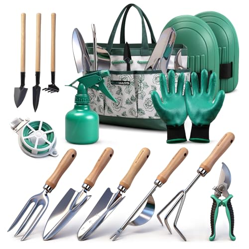 Bluemars Gardening Hand Tool Kit 14PCS Heavy Duty Stainless Steel Garden Tool Set with Floral Garden Tote -Outdoor Gardening Transplanting Gifts for Woman