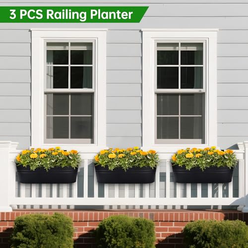 Railing Planter Box, 16" Large Hanging Planters for Outdoor Plants, 3 Pack