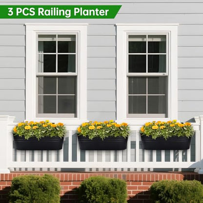 Railing Planter Box, 16" Large Hanging Planters for Outdoor Plants, 3 Pack