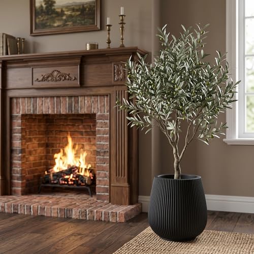 16" Pear-Shaped Fluted Planter - Handmade Fiberglass Composite - color: Black, size: Pear-shaped