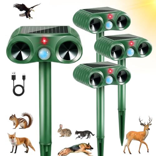 2026 Upgraded Solar Ultrasonic Animal Repellent Sonic Deer Repellent Devices Cat Deterrent Outdoor with Motion Sensor to Keep Raccoon Squirrel Rabbit Dog Away from Yard Lawn Garden 4 Pack