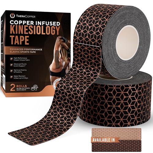 TheraCopper Copper Infused Kinesiology Tape - 2 Rolls, 40 Precut Strips - color: Black