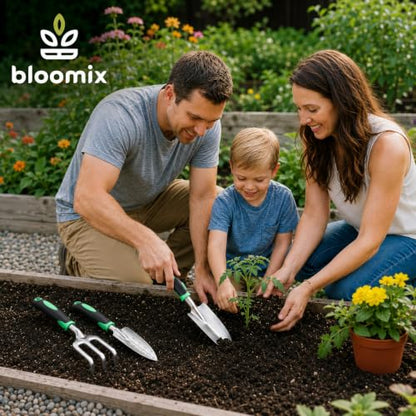Bloomix Set of 3 Stainless Steel Gardening Tool Set – Hand Cultivator, Transplanter & Trowel with Soft-Grip Ergonomic Handles – Durable Garden Kit for Digging, Planting and Soil Care Green & Silver - color: Green & Silver