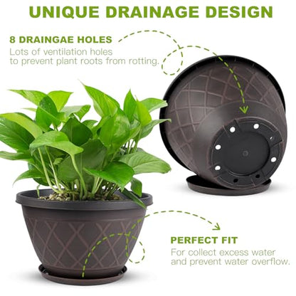 4 Pack 12 Inch Pots for Plants, Plastic Flower Pots with Faux-fence Texture - size: 12 Inch - 4Pack