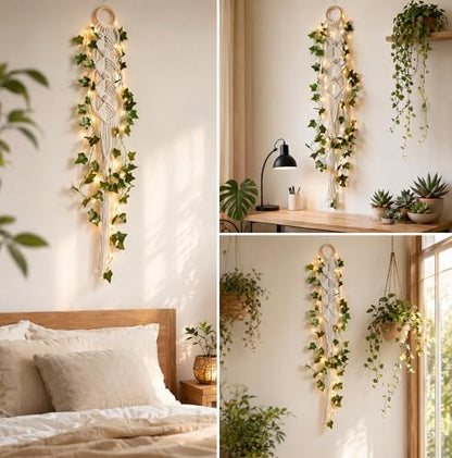 Macrame Wall Plant Hanger, Boho Hanging Planter with LED Lights - color: White X 1pc