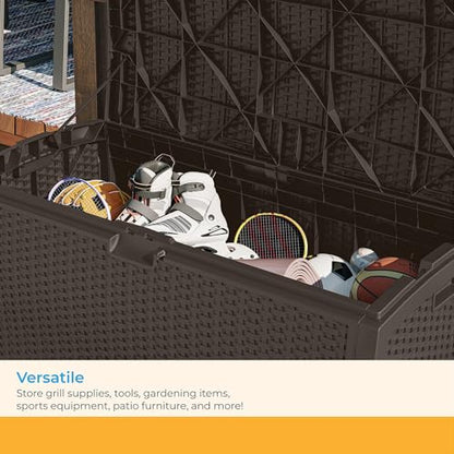 Suncast 99 Gal Wicker Resin Deck Box, Storage Chest Bin with Handles, Java - color: Mocha, style: Deck Box