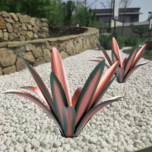 Large Tequila Rustic Sculpture, Rustic Metal Agave Plants for Outdoor Patio Yard Mexican Plant Garden， Agave Outdoor Lawn Ornaments Yard Stakes (Green 2pc) - color: 12 Leaves Green 2 Pcs