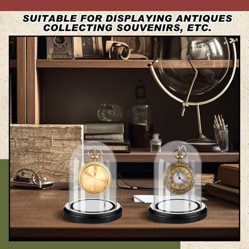 Beeveer 2 Pcs Glass Pocket Watch Display Dome 3'' x 5'' with Black Base - color: Silver Hook, size: 3" x 5", style: Dome Style