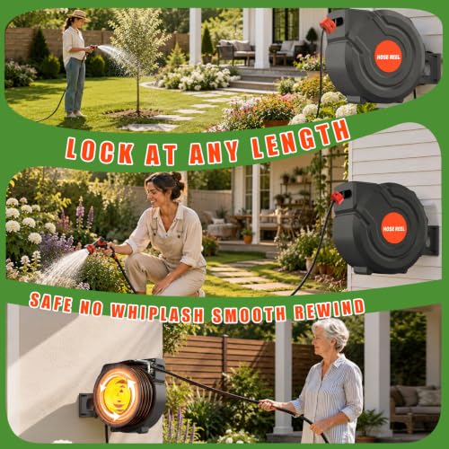 100FT Retractable Garden Hose Reel 5/8 Inch Heavy Duty Wall Mounted Retractable Hose Reel with 9-Pattern Nozzle, 180° Swivel Auto Rewind, Any Length Lock Water Hose Reel for Yard Garden Car Washing