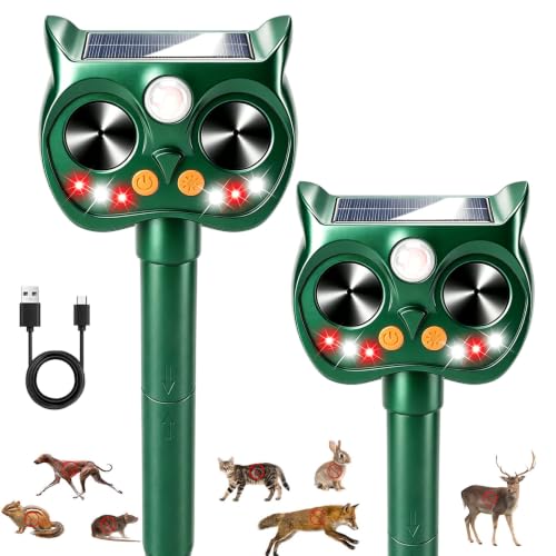 2Pack Upgraded Deer Repellent Devices Solar Ultrasonic Animal Repellent Outdoor with Motion Sensor Strobe Light for Squirrel Raccoon Rabbit Cat Bird Volume Control Keep Pests Out of Yard Farm