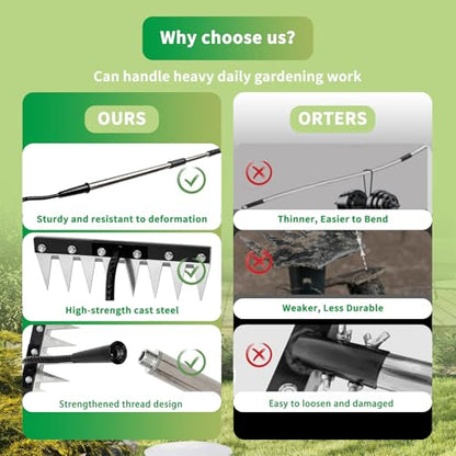 Upgraded Stainless Steel 8 Tines Garden Rake with 4-Section Adjustable Handle, Heavy Duty Manual Weeder Remover Tool for Gardening, YardWork, Weed Removal & Soil Aeration