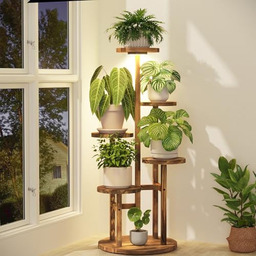 iDavosic.ly 5 Tier Wood Plant Stand Indoor Corner with Grow Light, Brown - color: Pine Brown with Light, size: 5 Tiers