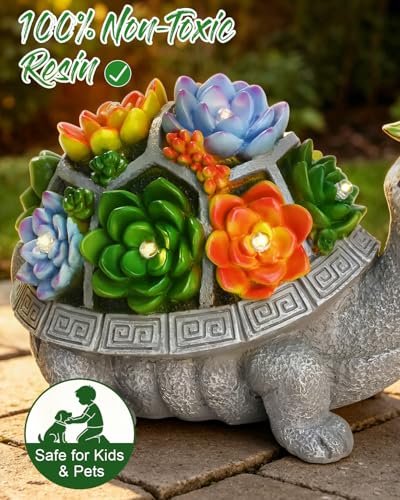 11.1 Inch Large Solar Garden Decor Turtle Statues Lights with Succulent - color: Gray