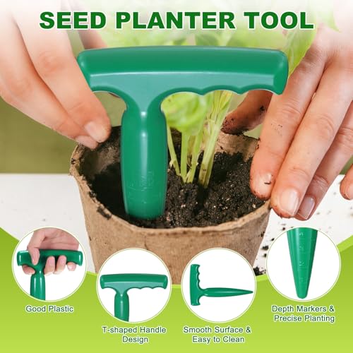 M METERXITY 1-Set Seed Planter Tool, Plastic Hand Dibber Garden Tool with Handle for Sowing Seeds/Transplanting/Planting Bulbs, Handheld Digging Hole Punch Adjustable Dispensers [Dark Green] - color: Dark green