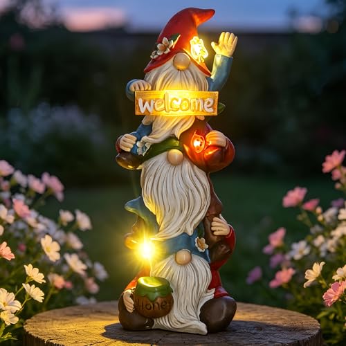 Garden Triple Stacked Gnome Statue with Solar Light Outdoor Decor - color: Solar Gnome
