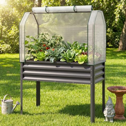 Giantex Raised Garden Bed with Legs & Greenhouse Cover, 44x20x60 Elevated Metal Planter Box with Roll-up Door, Outdoor Mini Greenhouse for Vegetable Flower Herb Patio Balcony (Gray,1) - color: Gray