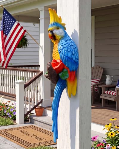 Tropical Hanging Parrot Decor,Resin Bird Figurines,Real Bird Statues,Home Ornament Decor for Tiki Bar,Perfect for Yard Ornaments,Tree Decorations Outdoor,Patio,Lawn,Tree Trunk, Porch - color: Blue Yellow