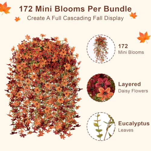 Artificial Hanging Flowers for Outdoors, 4 PCS 688-Bloom UV Resistant Mums - color: Orange Burgundy Gradient