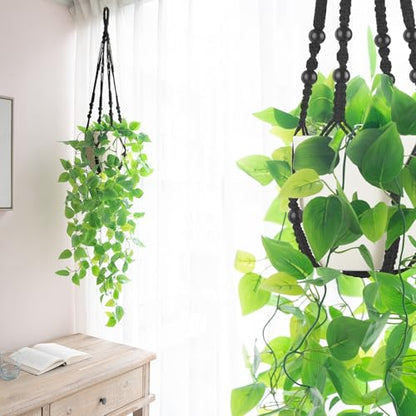 Mkono Fake Hanging Plant, Macrame Hanger with Pothos Vines & Pot, Black - color: Black
