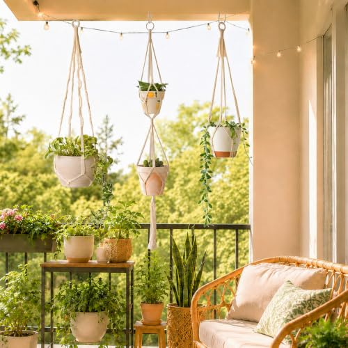 Bouqlife 6 Pack Macrame Plant Hangers Set with Hooks Indoor Hanging Planters with Patterns Handmade Cotton Rope Crochet Boho Plant Flower Pot Holders Fits Different Pot Sizes