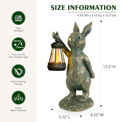 Rabbit Garden Statues with Solar Lantern Bunny Outdoor Figurine