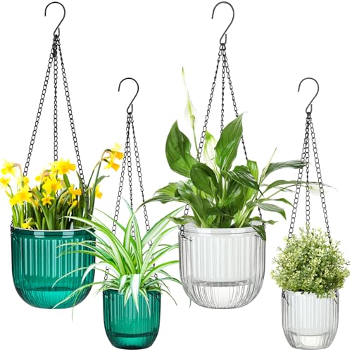 4 Pcs 6.5'' 4.5'' Hanging Self Watering Pot for Indoor Plant, Green, Clear - color: Emerald,clear, size: 6.5'' 4.5''