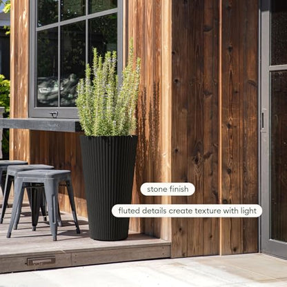 Veradek Demi Series Tall Planter - Tall Tapered Outdoor Planter with Shelf - color: Black, style: Narrow Groove