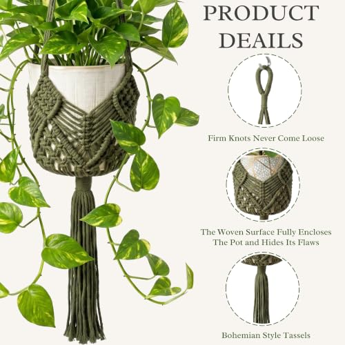 Boho Macrame Plant Hanger with Hooks, Rope Hanging Baskets for Plants - color: Green 2pack Pots Not Included