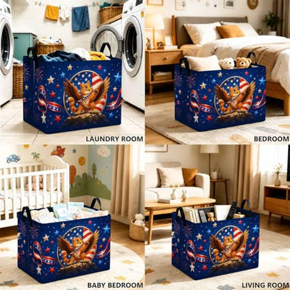 Patriotic Cat Storage Basket with Handles, Eagle Cat Laundry Hamper 56L Large Collapsible Organizer, Laundry Basket for Bathroom/Laundry/Bedroom - color: Patriotic Cat