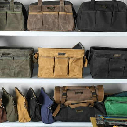 Heavy Duty 16oz Waxed Canvas Tool Bag, Rectangle Foldable Open Top Tool Bags with Handles,7 Pockets &13.8 x 7.8 x 7.8 Inches 3-Pack (Khaki) - color: Khaki