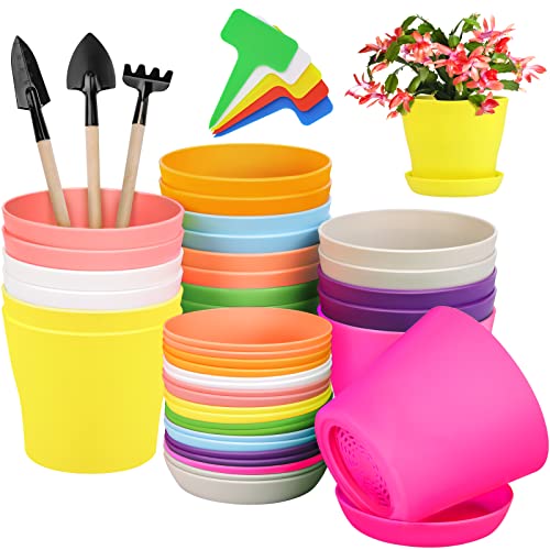 Hahood 20 Pack Plastic Planters 4 Inch Plant Flower Pot with Trays, Seedlings Nursery Pots Planter Flower Container Seed Pots for Seedling, Transplanting, Cutting, Assorted 10 Colors - size: 4 Inches