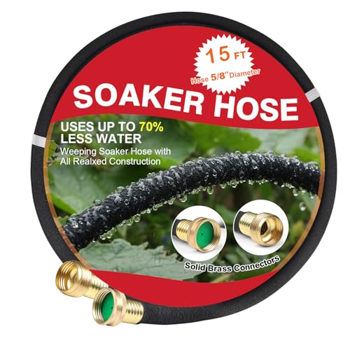 Soaker Hose 15 FT for Garden with 5/8" Diameter Irrigation Hose Save 70% of Water Solid Brass Interface Eminently Suitable for Lawn and Garden Bed Cover - size: 15FT 5/8"