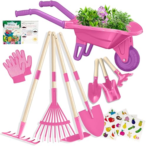 Qtioucp Kids Gardening Tools Outdoor Toys Set Backyard Play with Wheelbarrow Educational STEM Learning Pretend Toys Outdoor Indoor for Toddlers Kids Boys Girls - color: Rose Red
