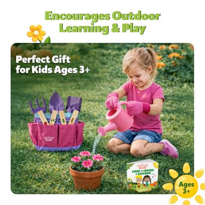 Pink Kids Gardening Tools - Includes Sturdy Tote Bag, Watering Can, Gloves, Shovels, Garden Stakes, and a Delightful Children's Book How to Garden Tale - Kids Garden Tool Set for Toddler Age on up. - color: Pink