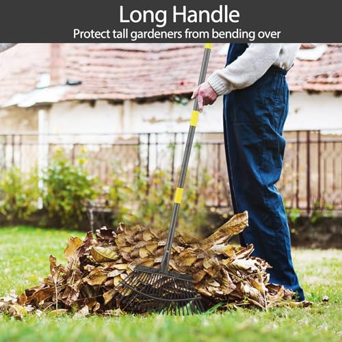 Leaf Rake, 30-76 inch Garden Rakes for Leaves Heavy Duty Long Handle, 25 Tines 18" Wide Metal Thatch Lawn Gravel Shrub Yard Landscape Rake for Leaves and Grass - style: 30-76"