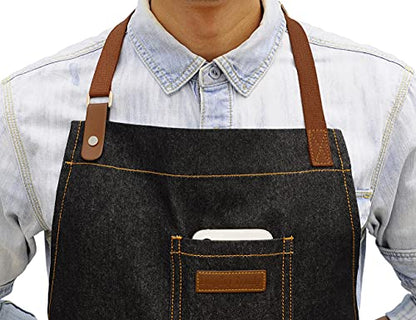 Black Kitchen Apron with Pockets & Towel Loop for Men Women, Denim - color: Black Denim 9#