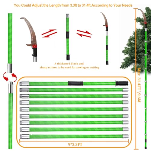 Manual Pole Saw 30 FT Extendable Tree Pruner High Branches Trimming for Pruning Palms and Shrubs with Long Handle (Green) - color: Green