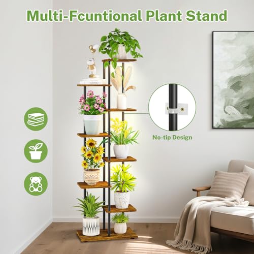 iDavosic.ly Plant Stand Indoor with Grow Lights, Tall 7 Tier Shelf, Brown - color: Rustic Brown with Light, size: 7 Tier