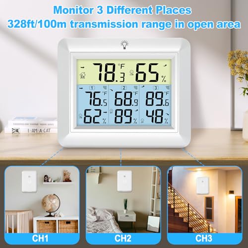 Urageuxy Wireless Indoor Outdoor Thermometer with 3 Sensors - color: White