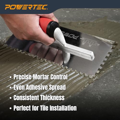 POWERTEC Square Notch Trowel - 1/4" x 1/4" Stainless Steel Square-Notch Tile Trowel with Soft Grip Handle for Thinset Mortar, Mastic & Tile Installation Work (72180) - style: 1/4" x 3/8" Square Notch