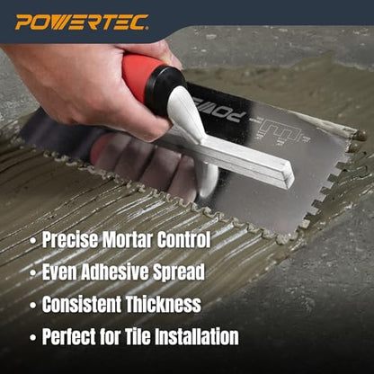 POWERTEC Square Notch Trowel - 1/4" x 1/4" Stainless Steel Square-Notch Tile Trowel with Soft Grip Handle for Thinset Mortar, Mastic & Tile Installation Work (72180) - style: 1/4" x 3/8" Square Notch