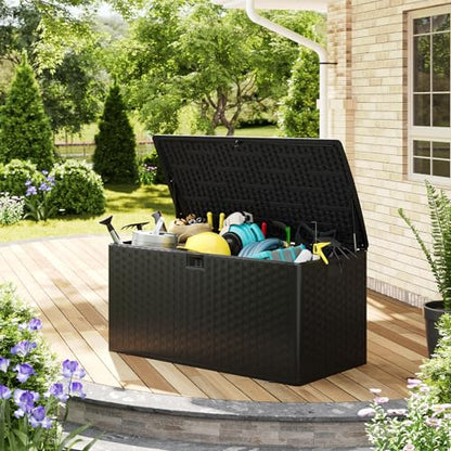 100 Gallon Blow Molded Deck Box,Lockable Outdoor Storage,Waterproof Patio Bench,Black