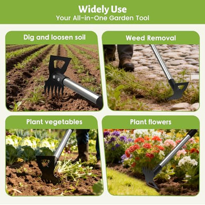 2-in-1 Garden Hoe & Weed Puller Rake, 63" Adjustable Long Handle