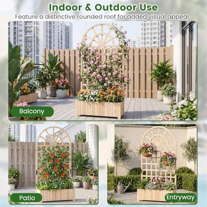 Happygrill Wooden Raised Garden Bed with Trellis & Privacy Screen - color: Natural, size: 36''x12''x71''
