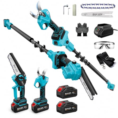 4-in-1 Pole Saw & Electric Pruning Shears, 1.4" Cutting Diameter Cordless Pruner, 6 Inch Chainsaw for Tree Trimming, 9.5ft Max Extension Pole, 2 x 4.0Ah Batteries, Battery Powered Pole Saw for Garden - color: Black Blue