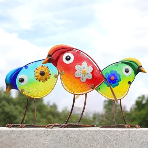 Bird Garden Decor Set of 3 Metal Glass Outdoor Yard Art Patio Lawn Decor - color: Bird