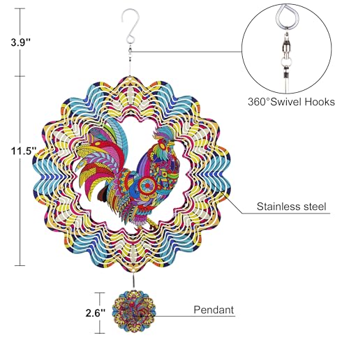 12 Inch Rooster Hanging Wind Spinners, 3D Kinetic Metal Wind Spinner - color: Red & Yellow