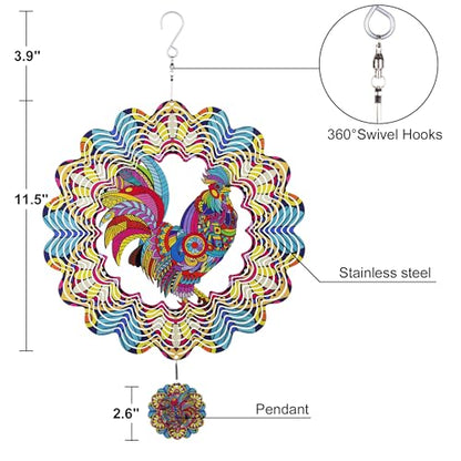 12 Inch Rooster Hanging Wind Spinners, 3D Kinetic Metal Wind Spinner - color: Red & Yellow