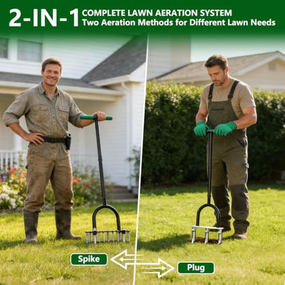 2-in-1 Lawn Aerator Tool, Manual Core Aerator with Spike & Plug Heads